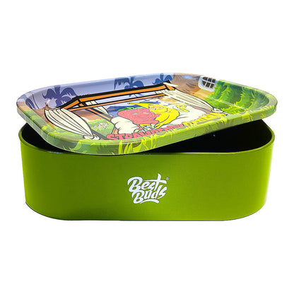 Best Buds Tin Box Rolling Tray with Storage Strawberry Banana